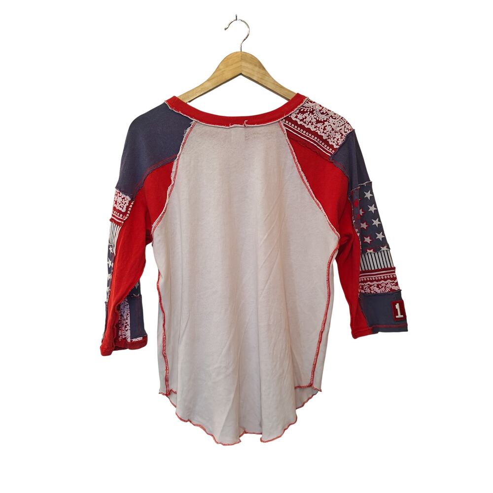 Free People We The Free Patchwork Raglan Tee Red Blue Size M - Picture 4 of 5